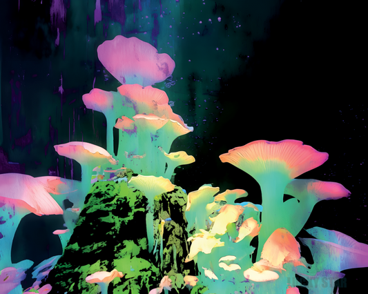 Otherworldly luminescent bloomscape intertwining organic forms in a visionary fusion of light and texture.