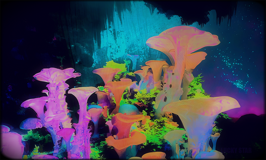 An otherworldly botanical scene of transformed flora and mycoorganisms in bioluminescence.