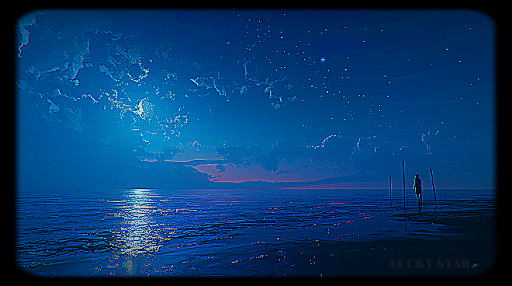 a synthetic vision of an oceanscape, a solitary figure overlooking the expanse in the foreground.