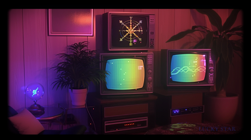 A synthetic image of CRT TV sets in a living room setting, glowing in nostalgic vintage hues