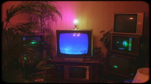 A synthesized TV set surrounded by other CRT TV sets and foilage.