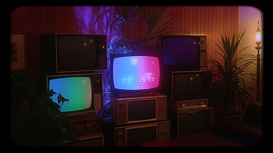 a synthetic image of multiple tv sets in a dimly lit room.