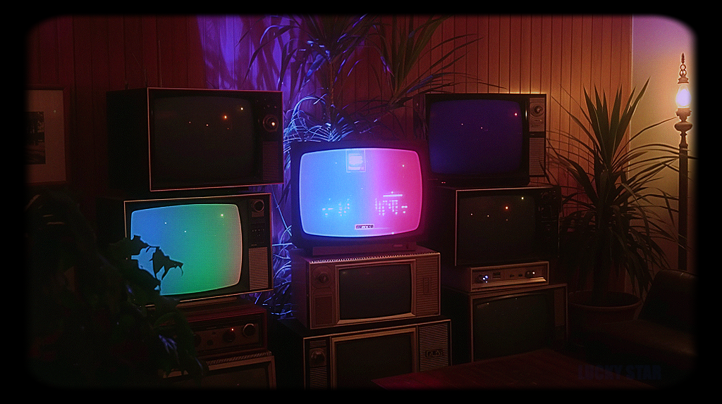 a synthetic image of multiple tv sets in a dimly lit room.
