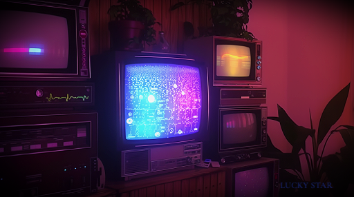 a synthetic depiction of CRT TV sets with monitoring equipment in a living room setting.