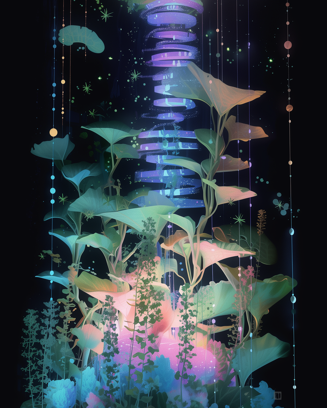 a fantastical image of a plant created from real live plants, processed through AI.