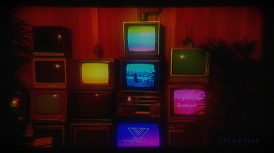 a synthetic photographic image comprised of blended photography depicting CRT TV screens stacked on top of each other.