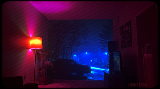 An eerie synthestic image of a retro living room overlooking an open wall facing a car and street.