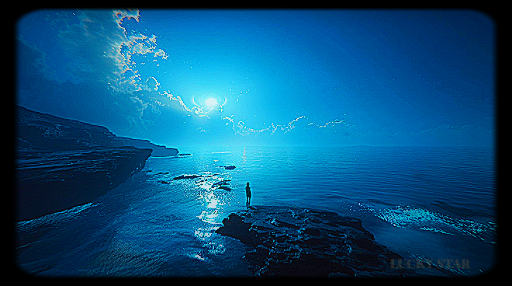 A cinematic oceanscape scene with a solitary figure in the foreground overlooking the expanse.