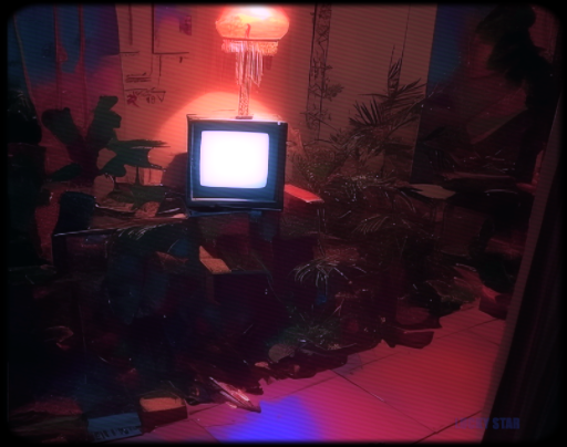 A synthesized image of a TV screen in a crowded room scene.