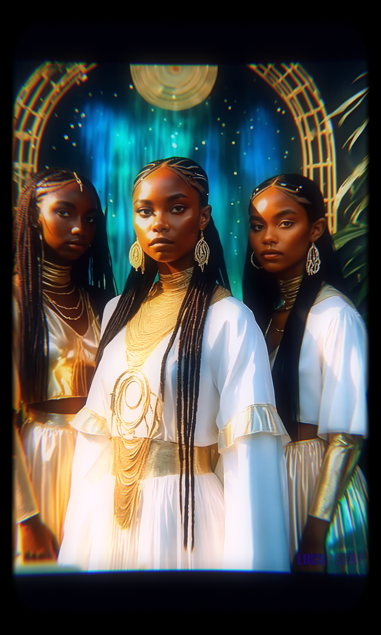 a simulated image of 3 females standing in a photoshoot wearing imagined regalia.