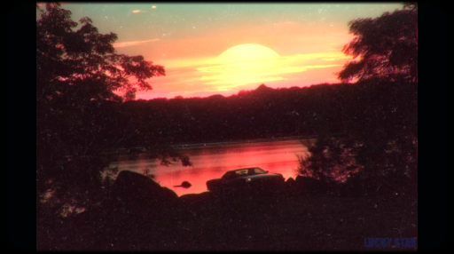 A synthesized image of a red giant sunset across a lake with a retro vehicle resting in the stillness.