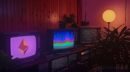 A synthesized image of CRT TV sets in a nostalgic living room setting with colorful TV displays, one containing an crypto icon.