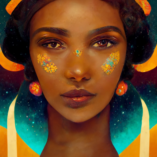 Lucky star created this image of a woman from the pan-african diaspora in 2022 during the early era of AI art technology