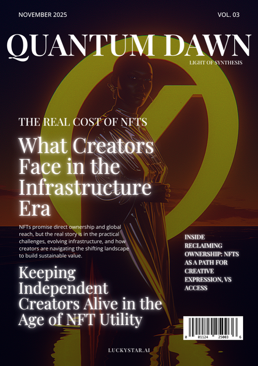 A blockchain zine called Quantum Dawn: Light of Synthesis Vol 3 November 2025  luckystar.ai