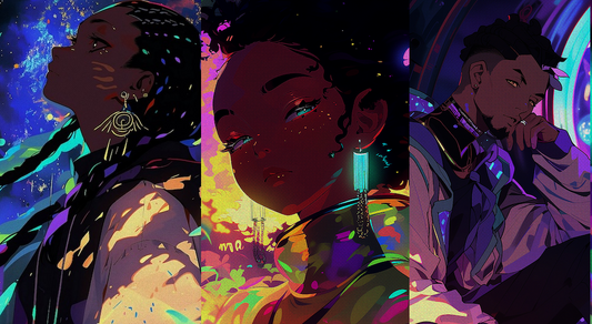 A collage featuring three digital artworks from the 'Dreams of Sabinenya' collection by Lucky Star, showing characters Layla, Njeri, and Morlai in vibrant, futuristic, and ethereal environments.